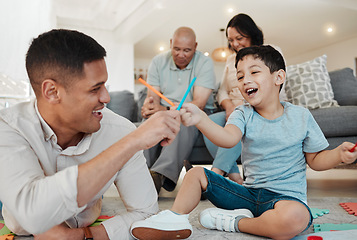 Image showing Family, grandparents and father playing with child in a lounge floor in a home bonding for quality time together. Happy, love and dad with kid in a living room as a family with care and happiness