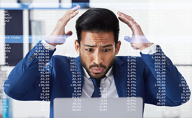 Image showing Data, laptop and business man stress over stock market crash, 404 software fail or IPO investment problem. Crypto trading overlay, financial loss data and studio person frustrated on white background