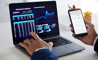 Image showing Hands, phone and trader at laptop for stock market dashboard, fintech app or cryptocurrency savings. Closeup of business man, mobile finance or computer for trading data, banking investment or stocks