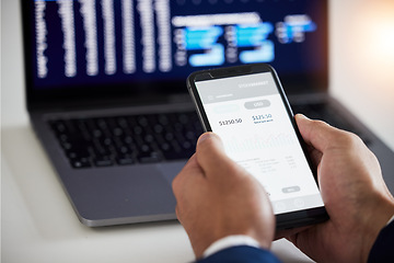 Image showing Hands, phone or businessman trading on stock market, fintech app or cryptocurrency savings on laptop. Closeup of financial trader, technology and screen for data analysis, growth and stocks dashboard