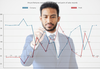 Image showing Chart, studio or business man writing financial statistics overlay, sales insight or investment data, line graph or analytics. Revenue analysis, company profit or corporate person on white background