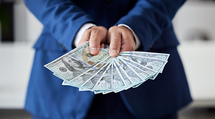 Image showing Hands, businessman and money fan of dollars for finance, trading bills and investment reward of financial freedom. Closeup of rich trader, profit and income of bonus, pay cash or accounting of wealth