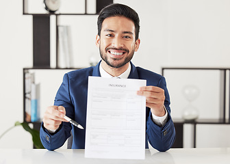 Image showing Insurance, offer and documents with portrait of lawyer for signature, contract and review. Advisor, attorney and advocate with man and agreement in office for legal paperwork, deal and information