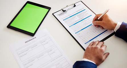 Image showing Tablet, documents and green screen with hands of lawyer for life insurance, information and policy. Technology, signature and agreement with closeup of person for writing, planning and application