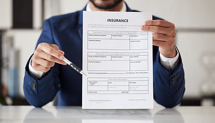 Image showing Insurance, signature and documents with hands of lawyer for offer, contract and review. Advisor, attorney and advocate with closeup of business man in office for legal paperwork, deal and information