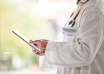 Image showing Tablet, doctors and hands for online healthcare management, hospital software or research. Closeup of medical professional, digital technology and wellness services for telehealth, data review or app