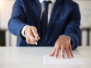 Image showing Insurance, offer and documents with hands of lawyer for signature, contract and review. Advisor, attorney and advocate with closeup of business man in office for legal paperwork, deal and information