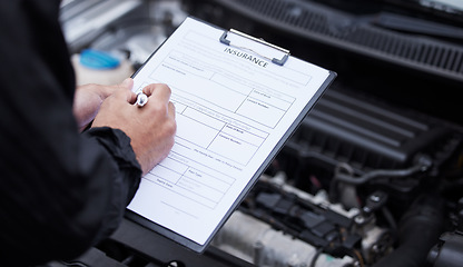 Image showing Car insurance, hands and man writing on documents for compliance, maintenance and engine control. Vehicle, inspection and male mechanic with paper form for information or checklist, claim or note