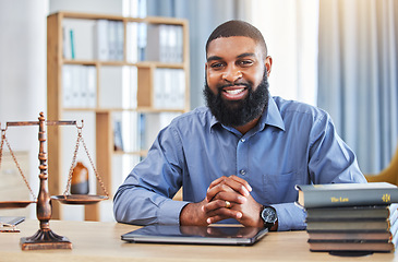 Image showing Happy black man, portrait and lawyer at desk for consulting, justice and pride in law firm in Nigeria. Attorney, advocate and businessman in office for legal advice, court meeting and constitution