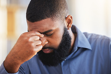 Image showing Business, stress and face of black man with headache for burnout, debt and confused by pain of mistake. Corporate male worker with anxiety, doubt and depression for bankruptcy, crisis and challenge