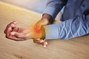 Image showing Business person, wrist pain and red injury from osteoporosis, orthopedic joint and arthritis in office. Closeup, hands and worker with carpal tunnel, health risk and muscle fatigue of fibromyalgia