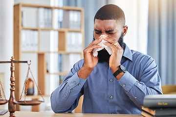 Image showing Lawyer, sick and business with black man and blowing nose in office for allergy, illness and fatigue. Advocate, attorney and sneeze with male employee and tissue for virus, infection and hayfever