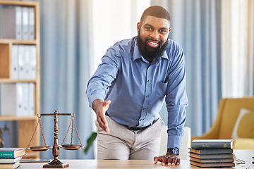 Image showing Lawyer, portrait and man offer handshake for networking, consulting advice and legal deal in law firm. Happy african attorney, trust and shaking hands for welcome, support and constitution agreement