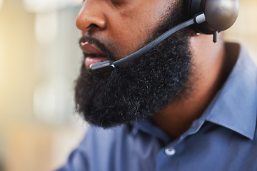 Image showing Business man, mouth and call center, consultant or advisor talking, virtual communication or technical support. Insurance agent or person speaking on headphones, helping and customer service closeup