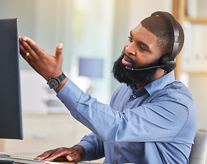 Image showing Call center, customer support and frustrated black man on computer for network error, mistake and problem. Telemarketing, business and male consultant online for communication, crm help and contact