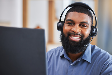 Image showing Consultant portrait, man and call center, communication or technical support for e commerce or customer service. Face of agent, web IT advisor or african person helping or online solution on computer