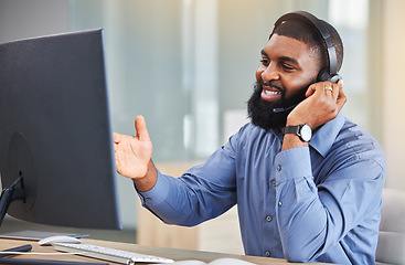 Image showing Call center, computer and happy man, consultant or agent speaking, advice and customer services or business support. Online sales, financial advisor or african person communication, contact us or FAQ