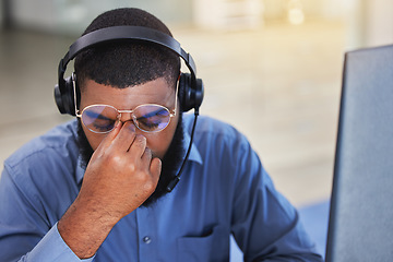 Image showing Call center, business man and headache, pain or stress for communication mistake, error and sales crisis. Tired agent, consultant or sad person in glasses, computer and health risk in telemarketing