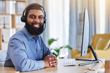 Image showing Call center, customer support and portrait of black man at desk with smile for friendly service. Telemarketing, business and happy male consultant with headset for communication, crm help and contact