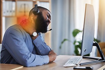 Image showing Call center, customer support and black man with neck pain, injury and muscle strain at desk. Telemarketing, business and male consultant with inflammation for communication, crm help and contact