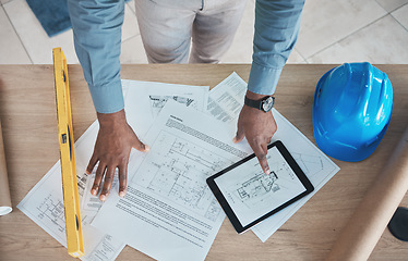 Image showing Engineering, person hands and blueprint planning, construction design or renovation on tablet above. Architecture paper, floor plan and project management sketch or drawing tools with digital screen