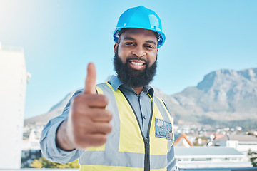 Image showing Man, architecture portrait and thumbs up for city development, construction goals and like, yes or support sign. Engineering person, worker or contractor success, safety gear and ok or good job emoji