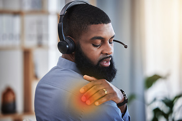 Image showing Call center, customer support and black man with shoulder pain, injury and muscle strain at desk. Telemarketing, crm business and male consultant with inflammation for stress, posture and overworked