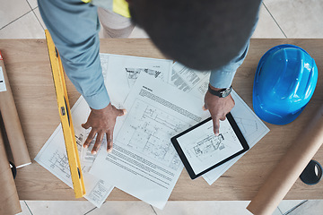 Image showing Engineering, person hands and tablet blueprint, construction planning or renovation design on tablet above. Architecture paper, floor plan and project management sketch or drawing on digital screen