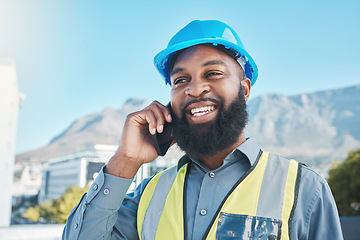 Image showing Happy, man and phone call for construction in city with civil engineering, building industry and renovation. Face of african male architect talking on smartphone for discussion of project management