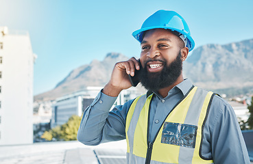 Image showing Man, construction worker and phone call in city for civil engineering, building industry or renovation. Face of happy african male architect talking on smartphone for discussion of project management