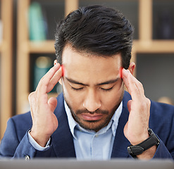 Image showing Headache, stress and tired with business man for fatigue, anxiety and burnout. Mental health, crisis and frustrated with male employee and migraine pain in office for mistake, glitch and problem