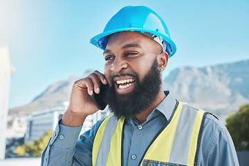 Image showing Man, construction and worker with phone call in city for civil engineering, building site and industry. Face of happy african male architect, manager or talking on smartphone for property development