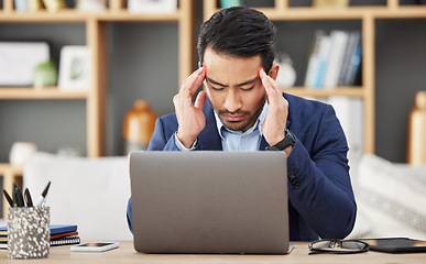 Image showing Headache, stress and laptop with business man for fatigue, anxiety and burnout. Mental health, tired and frustrated with male employee and migraine pain in office for mistake, glitch and problem