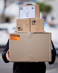 Image showing Person, cardboard and boxes delivery or courier service for shopping, logistics or supply chain management outdoor. E commerce, cardboard package and product for urban city shipping and stock worker