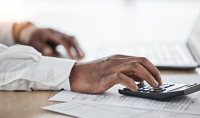 Image showing Business person, hands and calculator, documents and laptop for financial planning, taxes management and debt. Accountant typing numbers for budget, math or investment paperwork on computer and desk