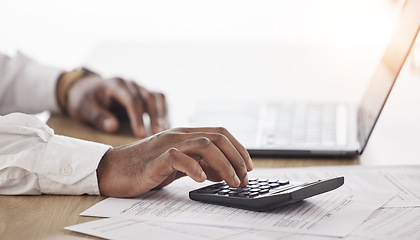 Image showing Person, hands and calculator, computer and documents for financial planning, taxes management and business debt. Accountant typing numbers for budget, bookkeeping math and audit paperwork on laptop