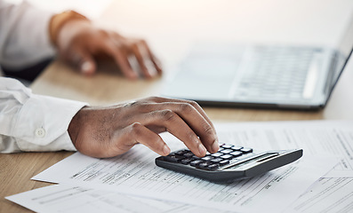 Image showing Person hands, calculator and computer with documents for financial planning, taxes management or business debt. Accountant on laptop, paperwork and math or numbers of startup budget, profit or goals