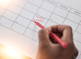 Image showing Tax, calendar and reminder on schedule for government compliance, deadline and remember date for paperwork and form. Taxes, financial audit and due payment of money, savings or income profit