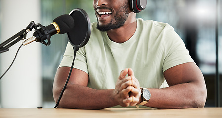 Image showing Black man, speaker and microphone, radio DJ with headphones, news communication and audio equipment. Podcast, technology and multimedia with male presenter, mouth, talk show with press and broadcast