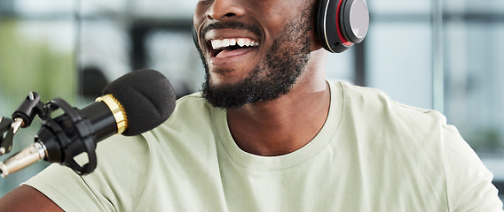 Image showing Man, microphone and mouth with headphones and radio DJ, news with communication and closeup of audio equipment. Podcast, technology and multimedia or happy male presenter, hosting show and broadcast