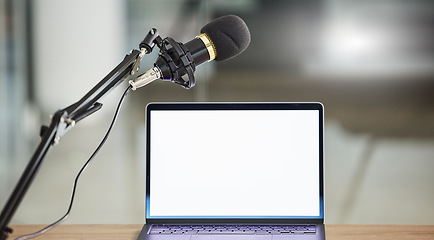 Image showing Laptop screen, mockup and mic for radio or podcast with audio equipment, technology and marketing for show. Multimedia, communication and email with website design layout, news and about us on pc