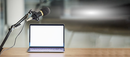 Image showing Laptop, screen with mockup and microphone, radio or podcast with audio equipment, technology and advertising. Multimedia, communication and email with website design layout, news and about us on pc