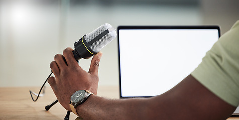 Image showing Podcast, tablet and mockup with hand of person for live streaming, radio and speaker. Social media, influencer and communication with closeup of man for microphone, digital and production banner