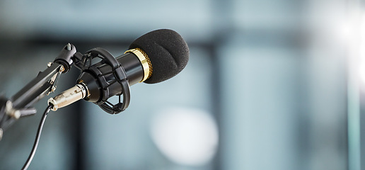 Image showing Conference, bokeh and a microphone in an office for a speech, work event or presentation. Mockup, business and a mic or banner for a meeting, workshop speaker or a corporate seminar at the workplace