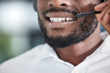 Image showing Mouth, man consulting for telemarketing in call center, customer service and advisory help of CRM questions. Closeup face of salesman, microphone and communication for telecom support, FAQ or contact