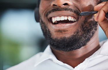 Image showing Mouth, man and smile for communication in call center, customer service and advisory contact for CRM questions. Closeup face of happy sales agent, microphone and laughing for telecom support