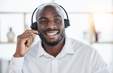 Image showing Call center, black man and happy portrait in office or workplace with consultant in customer service, crm or communication. Businessman, talking and contact us for support, advice or help desk