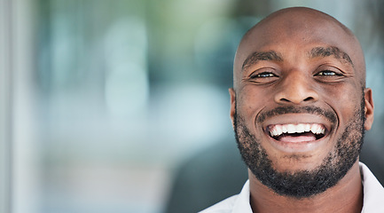 Image showing Mockup, space and happy black man administrator with a smile for startup company success in an office. Worker, African and face or portrait of businessman or employee with positive or mission mindset