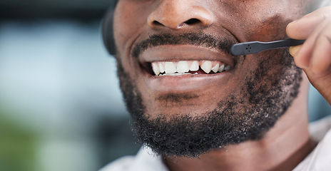 Image showing Mouth, man and communication for telemarketing in call center, customer service and advisory contact for CRM questions. Closeup face of happy sales agent, microphone and consultant of telecom support