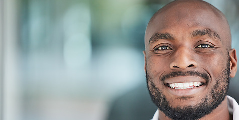 Image showing Mockup, space and smile of black man administrator happy for startup company success in an office. Worker, African and face or portrait of businessman or employee with positive or mission mindset